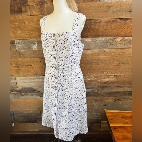 Gap White Grey Black Floral Linen Bib Front Button Down Dress w Pockets 10 Tall - Picture 4 of 6